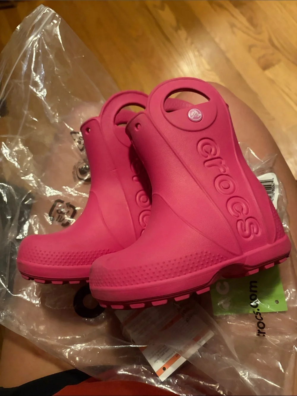 CROCS Kids Hot Pink Waterproof Rain Boots with Pull Handles